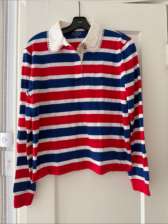 J. Crew Tops - J. Crew Red, White & Blue Striped Long-Sleeve Polo with Lace Collar